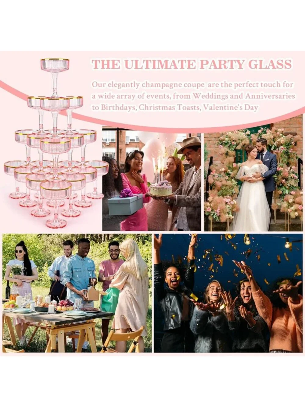 48 Pack Pink Champagne Glasses - 7oz Stackable Gold Rim Coupe for Parties